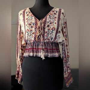 Angie Cream Floral Tie-Neck Peasant Blouse with Burgundy & Navy Accents